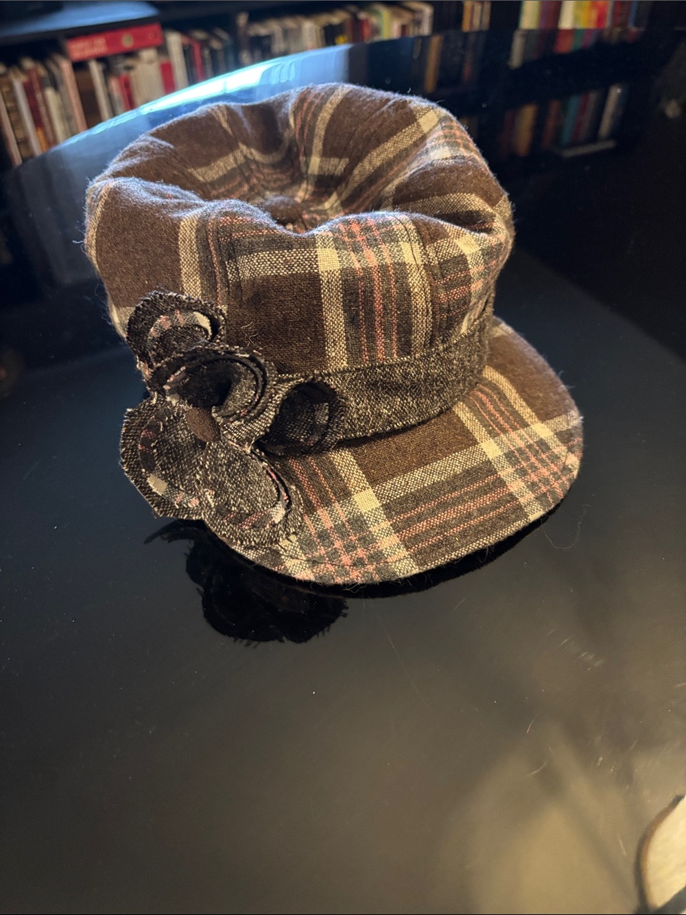 Plaid Brown Brimmed Womens Hat with Floral Accent